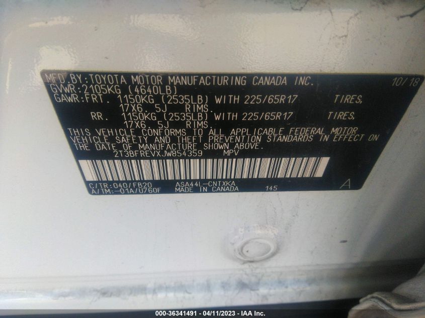 2018 TOYOTA RAV4 LE - 2T3BFREVXJW854359