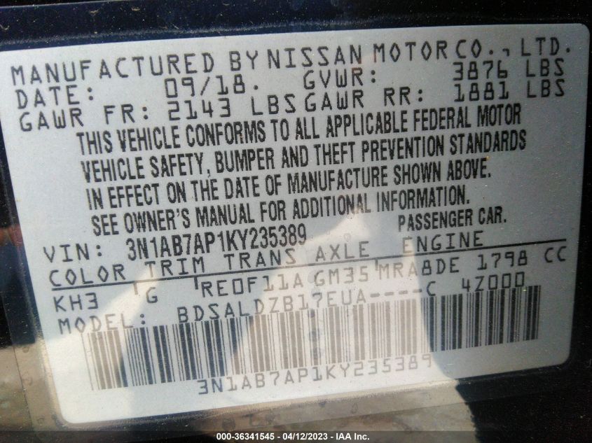 2019 NISSAN SENTRA SV - 3N1AB7AP1KY235389