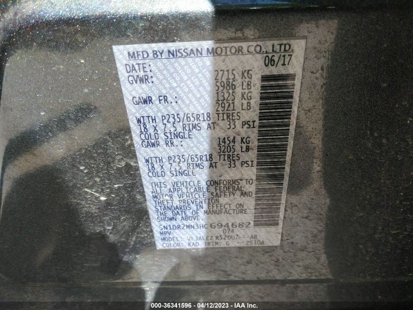 2017 NISSAN PATHFINDER SV - 5N1DR2MN3HC694682