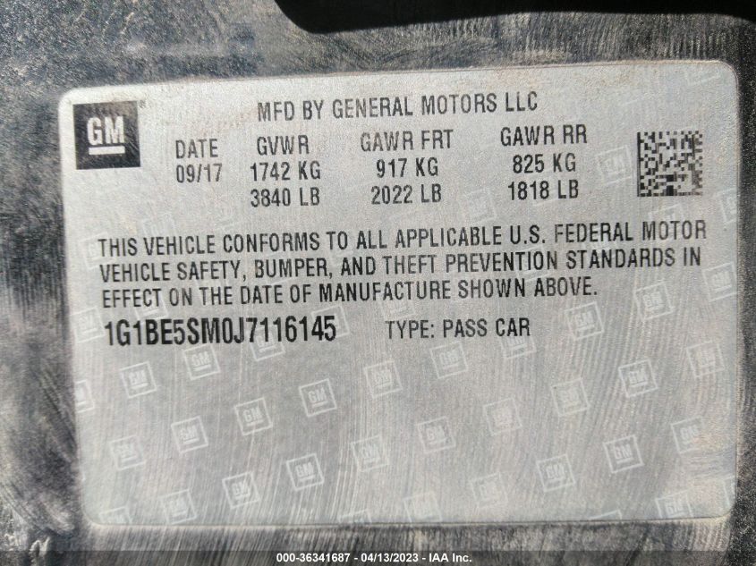 2018 CHEVROLET CRUZE LT - 1G1BE5SM0J7116145