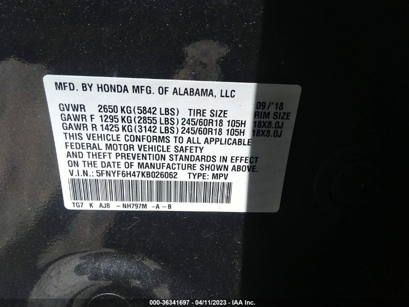 2019 HONDA PILOT EX-L W/NAVI & RES - 5FNYF6H47KB026062