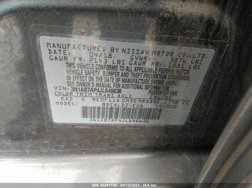 VIN 3N1AB7AP4JL646636 2018 NISSAN SENTRA SV