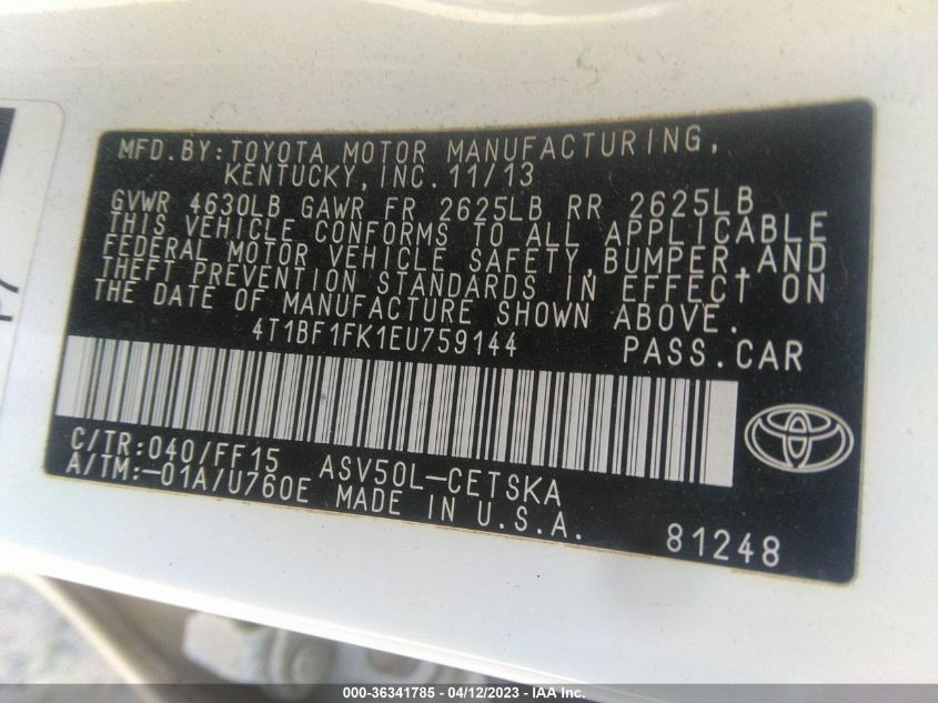 2014 TOYOTA CAMRY L/LE/XLE/SE/SE SPORT - 4T1BF1FK1EU759144