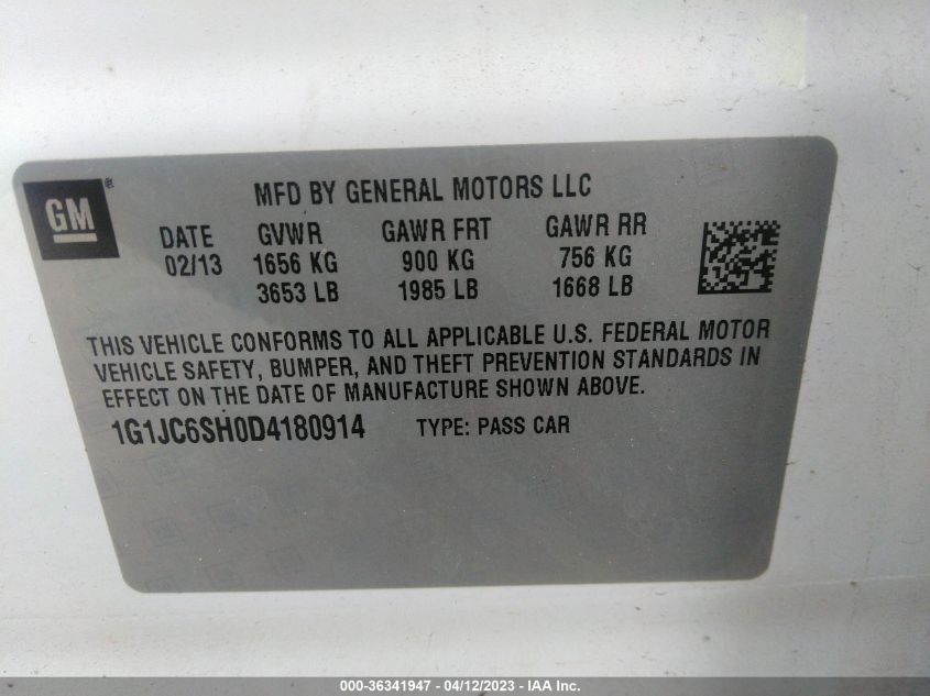 2013 CHEVROLET SONIC LT - 1G1JC6SH0D4180914