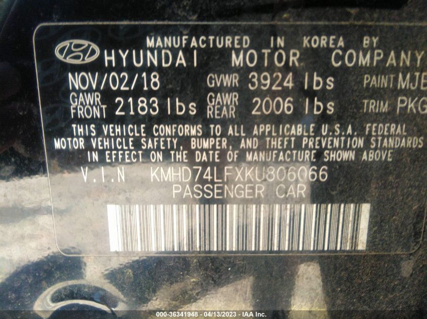 2019 HYUNDAI ELANTRA SE - KMHD74LFXKUH06066
