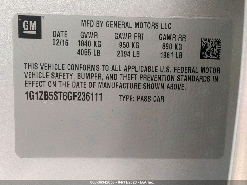 2016 CHEVROLET MALIBU LS - 1G1ZB5ST6GF236111