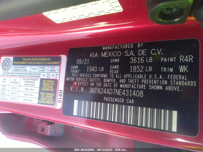 VIN 3KPA24AD7NE431408 2022 KIA RIO S
