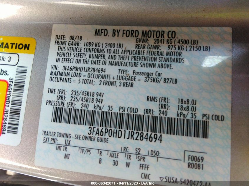 2018 FORD FUSION SE - 3FA6P0HD1JR284694