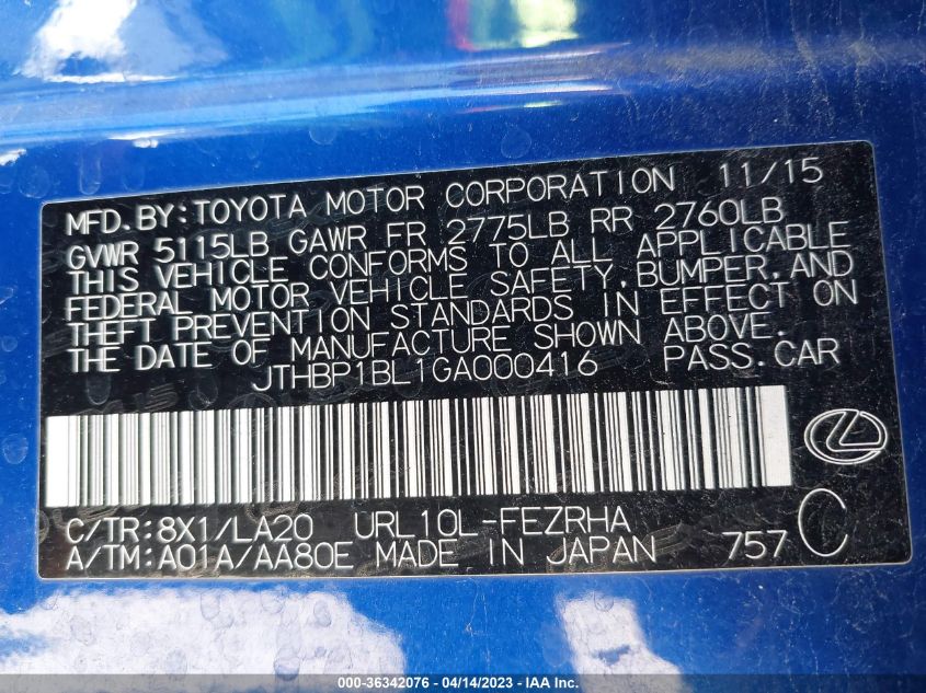 2016 LEXUS GS F JTHBP1BL1GA000416