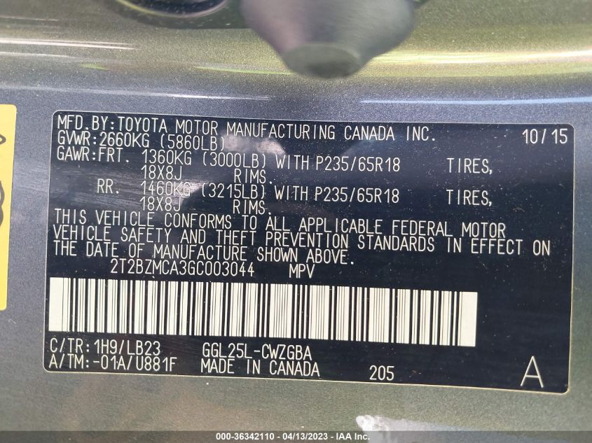 2016 LEXUS RX 350 - 2T2BZMCA3GC003044