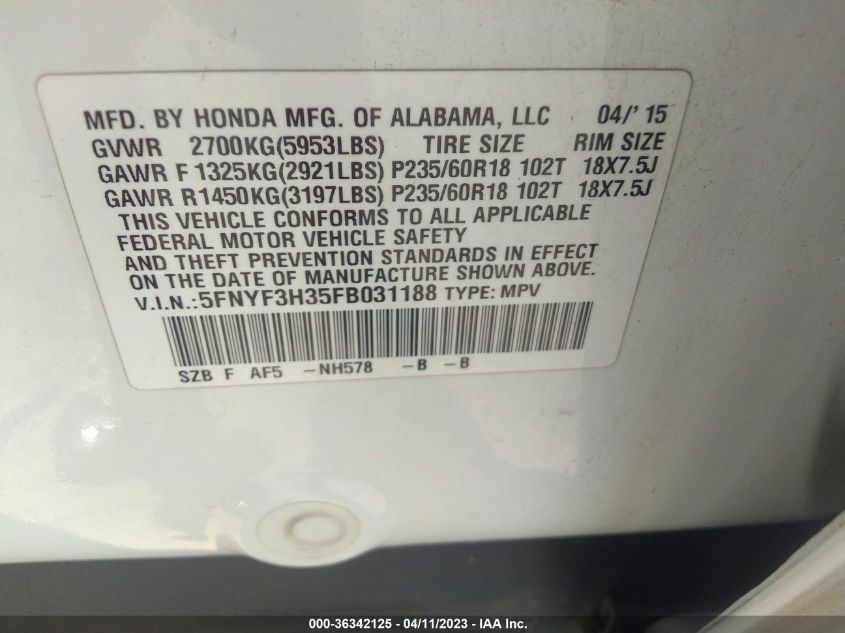 2015 HONDA PILOT SE - 5FNYF3H35FB031188