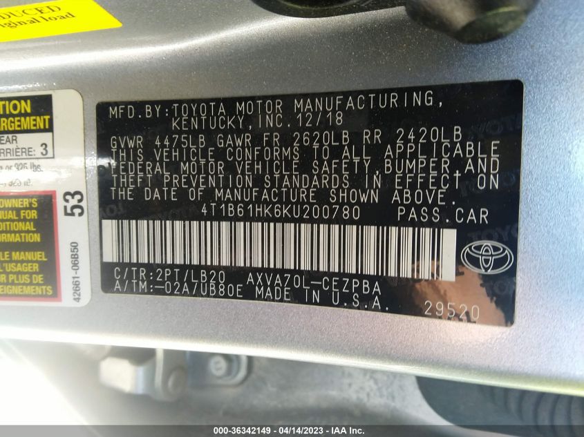 2019 TOYOTA CAMRY XSE - 4T1B61HK6KU200780