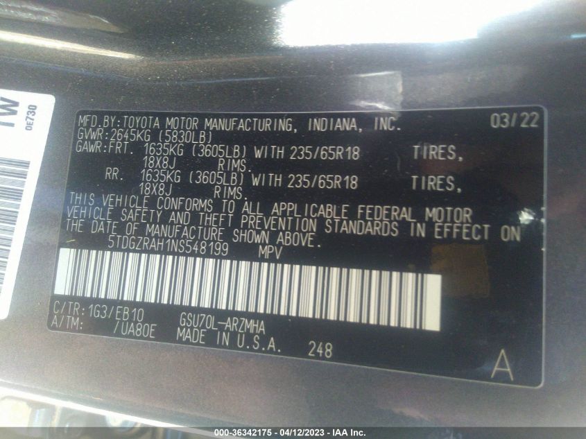 2022 TOYOTA HIGHLANDER XLE - 5TDGZRAH1NS548199