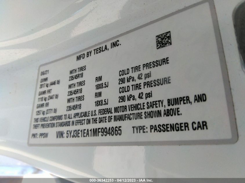 2021 TESLA MODEL 3 STANDARD RANGE PLUS - 5YJ3E1EA1MF994865