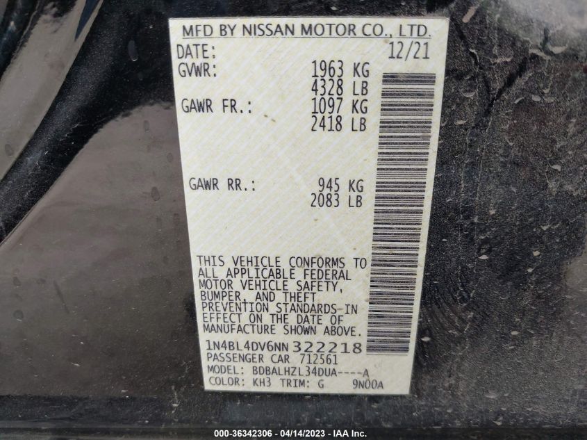 2022 NISSAN ALTIMA 2.5 SV - 1N4BL4DV6NN322218
