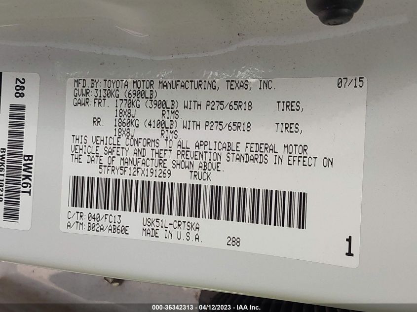2015 TOYOTA TUNDRA 2WD TRUCK SR5/SR - 5TFRY5F12FX191269