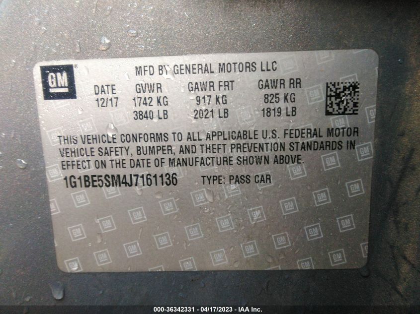 2018 CHEVROLET CRUZE LT - 1G1BE5SM4J7161136