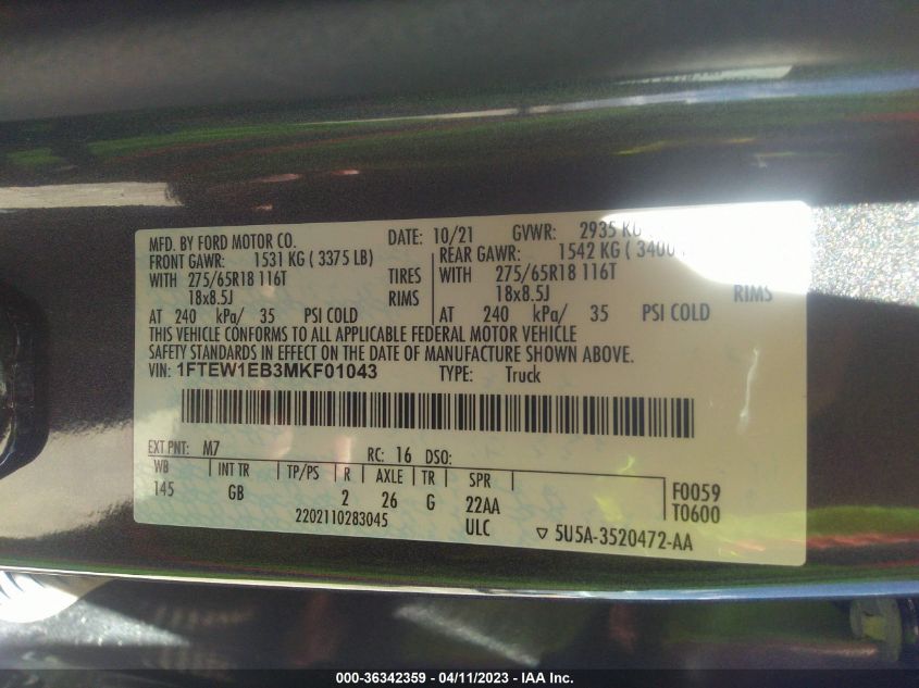 2021 FORD F-150 XL/XLT - 1FTEW1EB3MKF01043