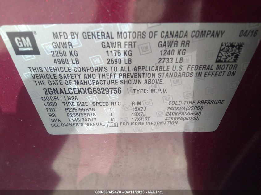 2016 CHEVROLET EQUINOX LT - 2GNALCEKXG6329756