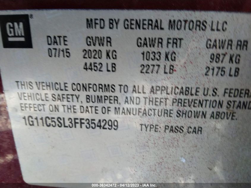 2015 CHEVROLET MALIBU LT - 1G11C5SL3FF354299