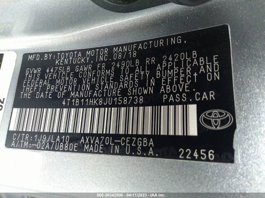 2018 TOYOTA CAMRY LE/SE/XLE/L - 4T1B11HK8JU158738