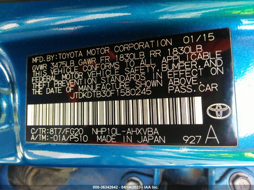 2015 TOYOTA PRIUS C ONE/TWO/THREE/FOUR - JTDKDTB30F1580245