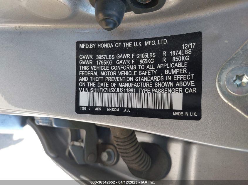 2018 HONDA CIVIC HATCHBACK EX - SHHFK7H5XJU211981