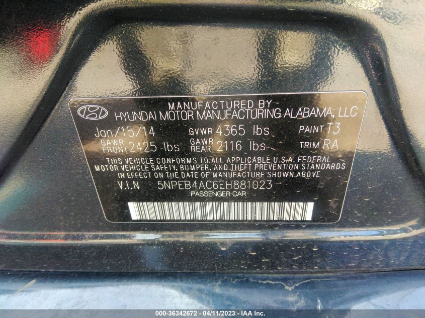 2014 HYUNDAI SONATA GLS - 5NPEB4AC6EH881023