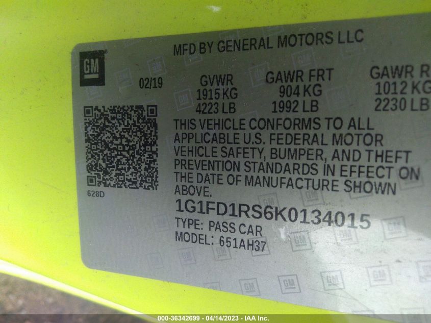 2019 CHEVROLET CAMARO 2LT - 1G1FD1RS6K0134015