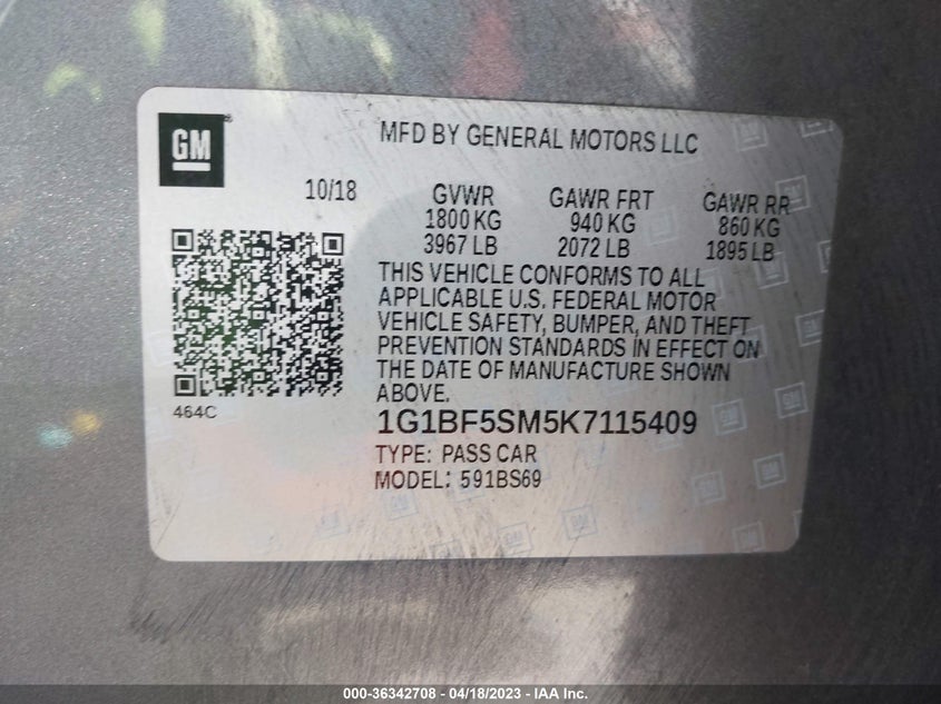 VIN 1G1BF5SM5K7115409 2019 CHEVROLET CRUZE PREMIER