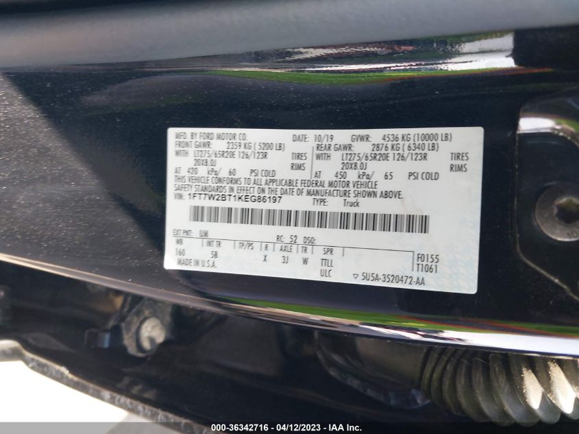 2019 FORD SUPER DUTY F-250 SRW XL/XLT/LARIAT - 1FT7W2BT1KEG86197