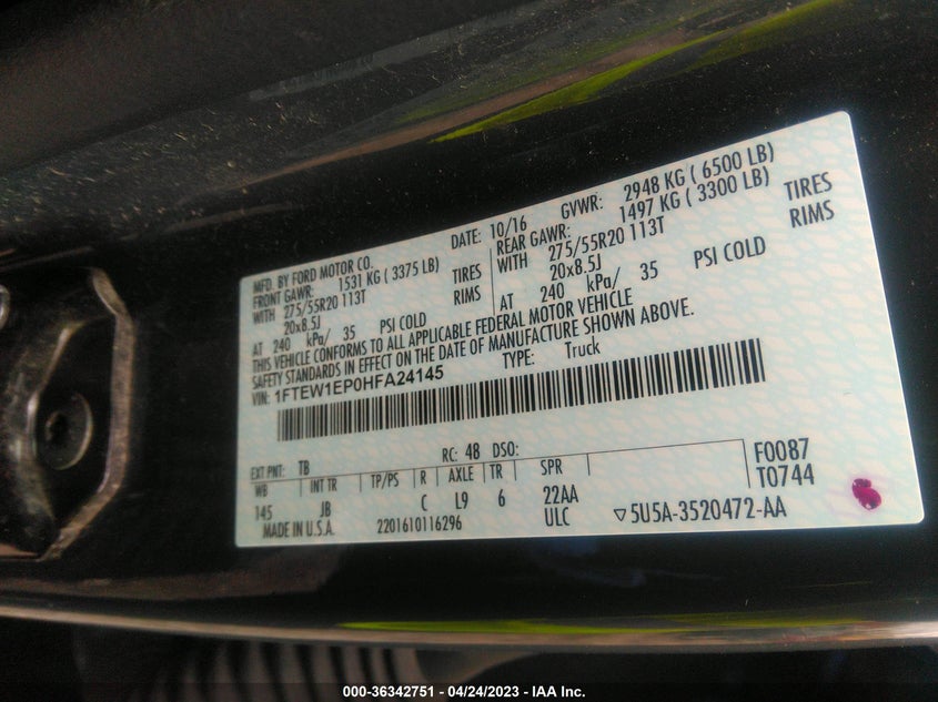 VIN 1FTEW1EP0HFA24145 2017 FORD F-150 XLT