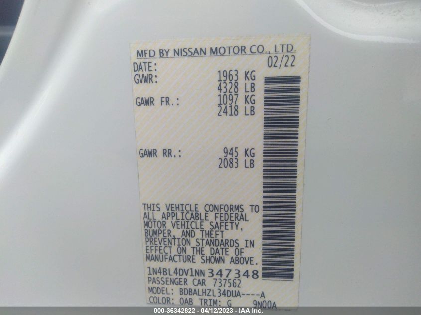 2022 NISSAN ALTIMA 2.5 SV - 1N4BL4DV1NN347348