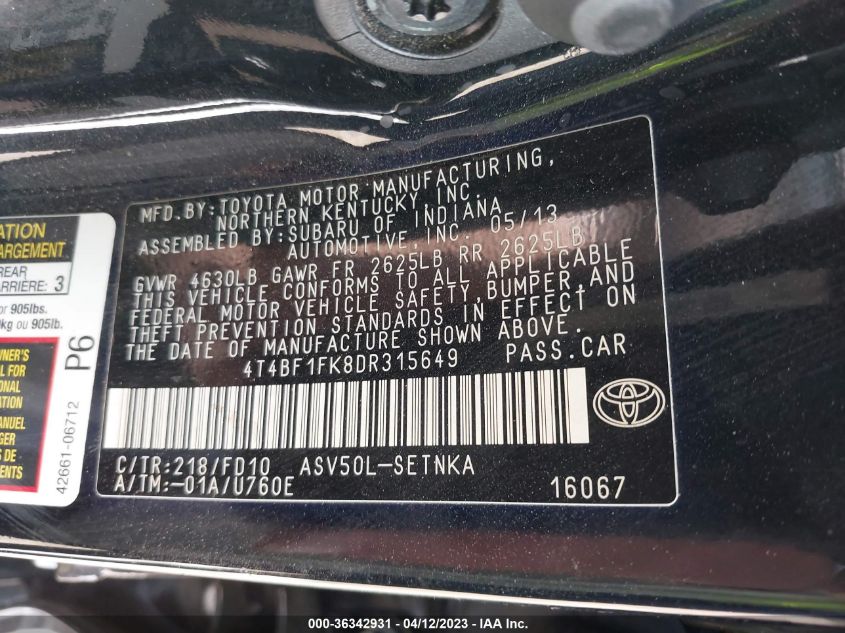 2013 TOYOTA CAMRY L/LE/SE/XLE - 4T4BF1FK8DR315649