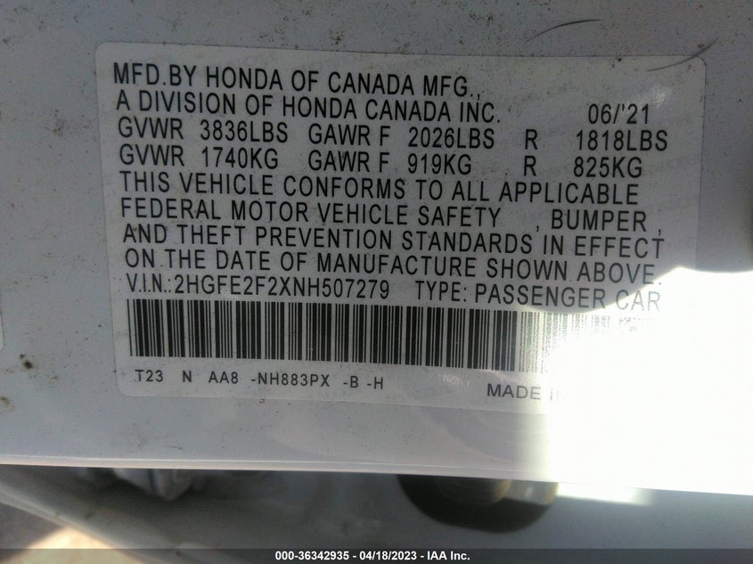 VIN 2HGFE2F2XNH507279 2022 HONDA CIVIC SEDAN LX