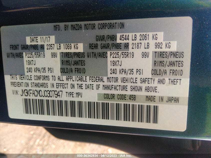 VIN JM3KFACM0J0307947 2018 MAZDA CX-5 TOURING