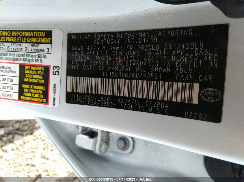 2019 TOYOTA CAMRY XSE - 4T1B61HK7KU743524