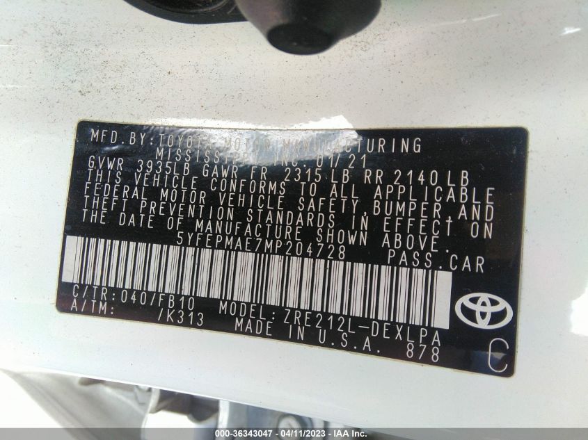 2021 TOYOTA COROLLA LE - 5YFEPMAE7MP204728