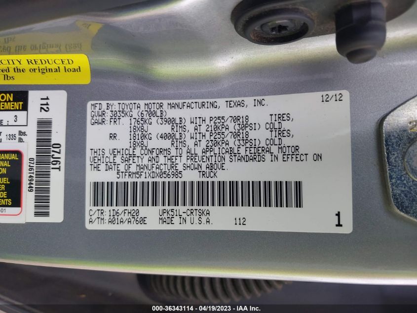 2013 TOYOTA TUNDRA 2WD TRUCK - 5TFRM5F1XDX056985