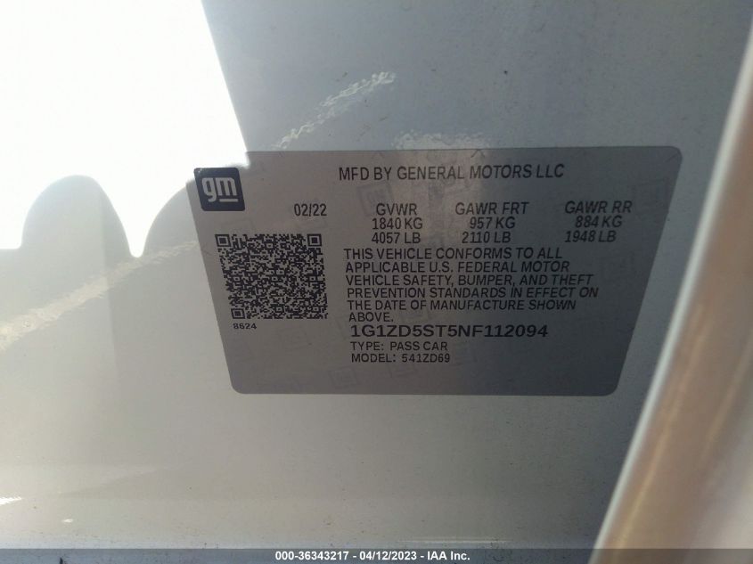 2022 CHEVROLET MALIBU LT - 1G1ZD5ST5NF112094