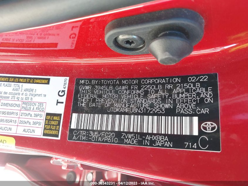 2022 TOYOTA PRIUS L - JTDKAMFU8N3172953
