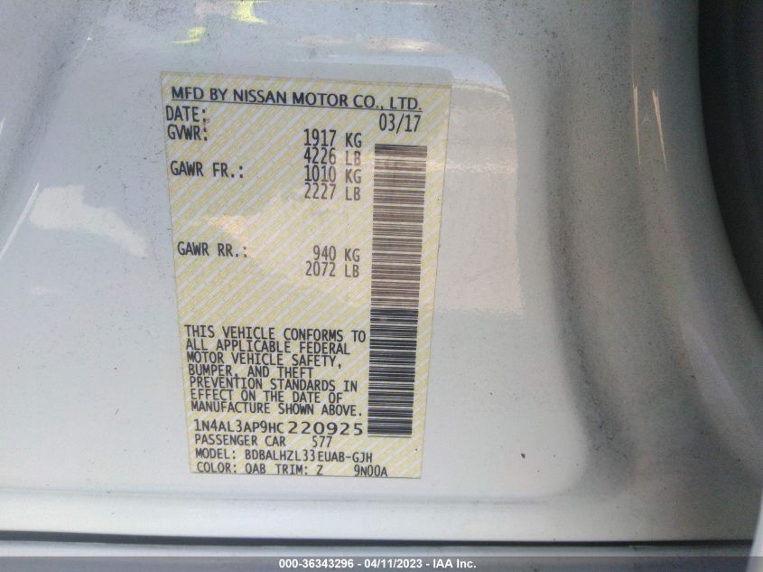 2017 NISSAN ALTIMA 2.5 SR - 1N4AL3AP9HC220925