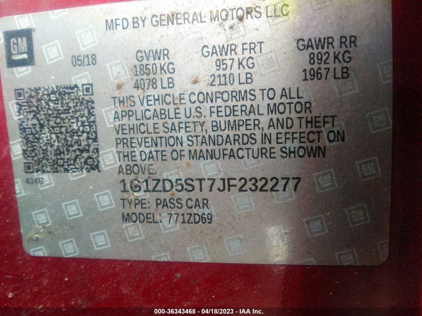2018 CHEVROLET MALIBU LT - 1G1ZD5ST7JF232277