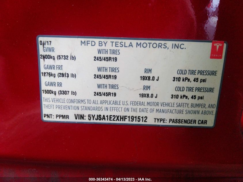 2017 TESLA MODEL S 100D/90D/75D/60D/P100D - 5YJSA1E2XHF191512
