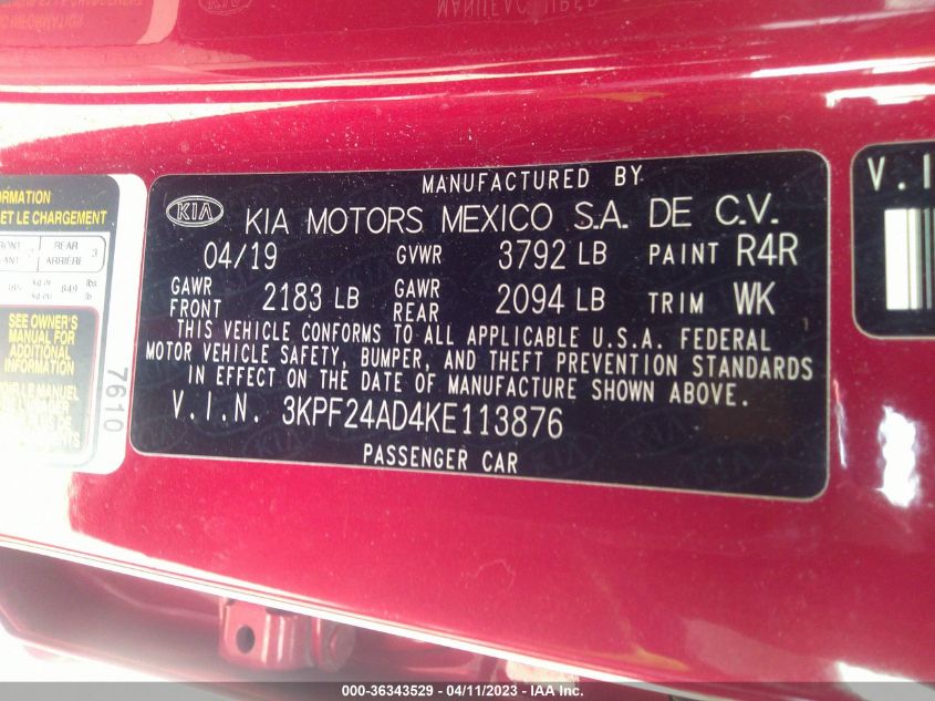2019 KIA FORTE LXS - 3KPF24AD4KE113876