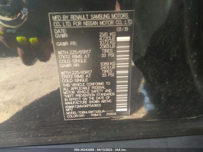 2019 NISSAN ROGUE SV - KNMAT2MV0KP543601