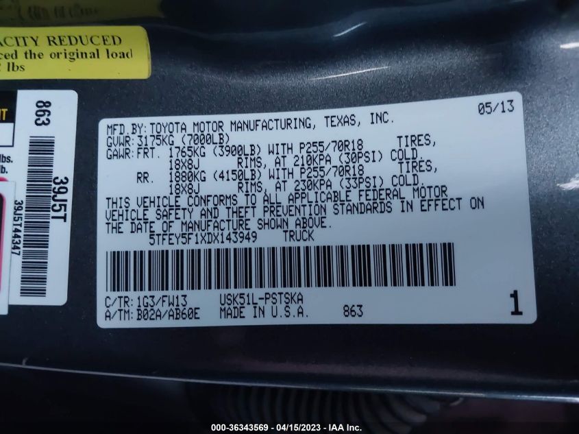 2013 TOYOTA TUNDRA 2WD TRUCK - 5TFEY5F1XDX143949