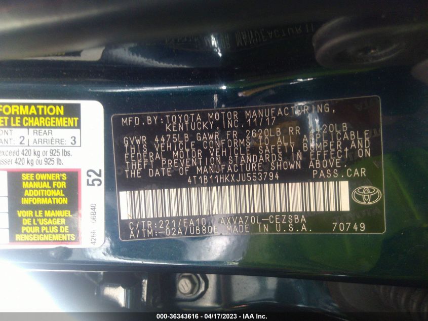 2018 TOYOTA CAMRY LE/SE/XLE/L - 4T1B11HKXJU553794