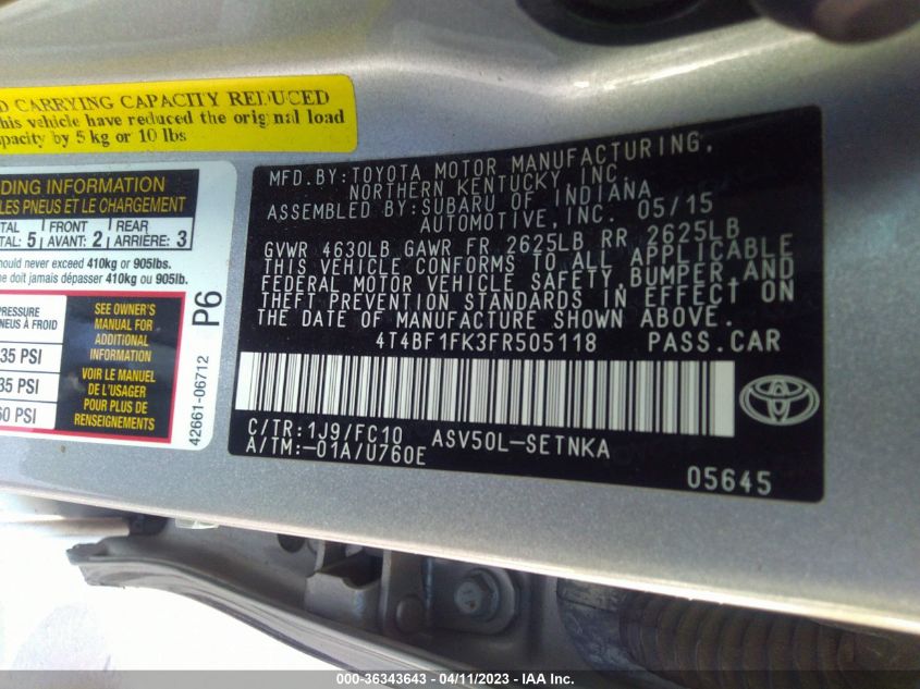 2015 TOYOTA CAMRY XLE/SE/LE/XSE - 4T4BF1FK3FR505118