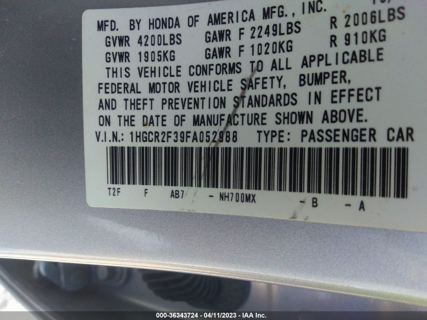2015 HONDA ACCORD SEDAN LX - 1HGCR2F39FA052988